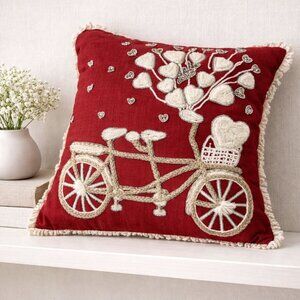 Romantic Bicycle Heart Throw Pillow Valentine Artisan Embroidered Decorative